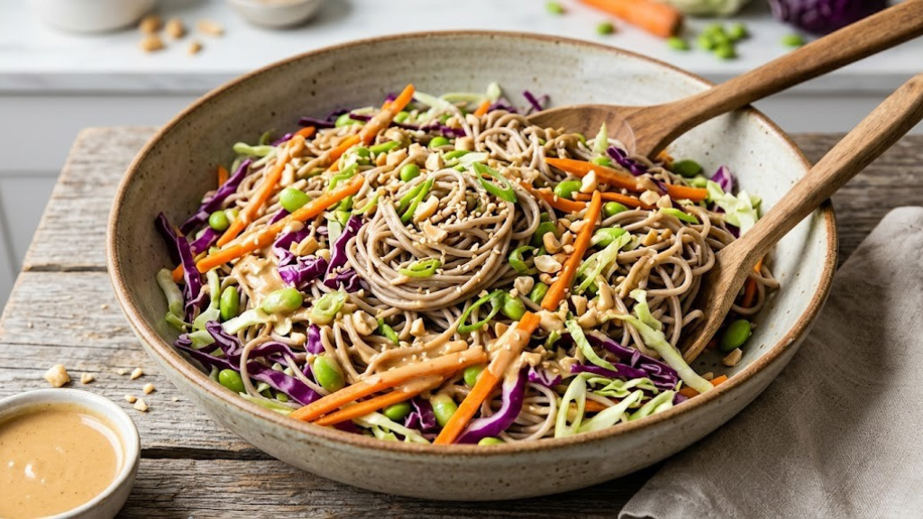 Cold Asian noodle salad with soba noodles, shredded cabbage, julienned carrots, edamame, scallions, and peanut sesame dressing