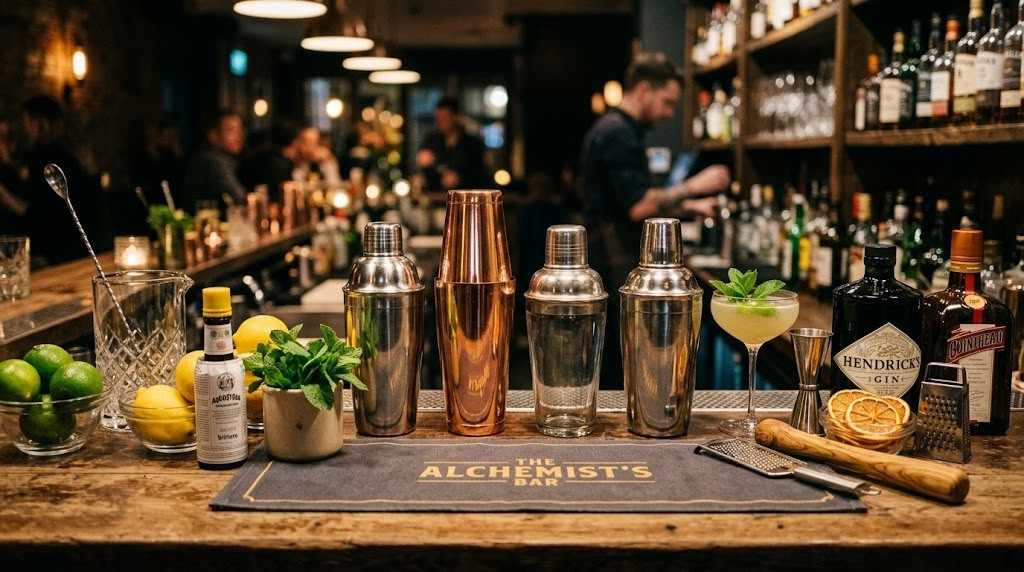 Collection of cocktail shakers on a bar counter with ingredients