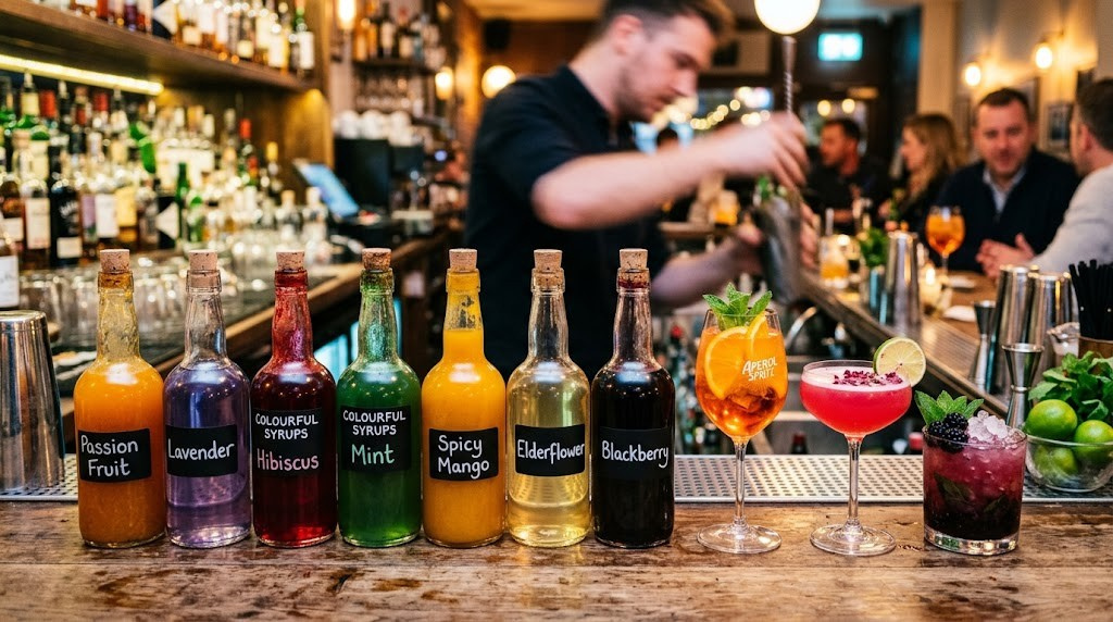 Colorful cocktail syrups in bottles on a bar counter