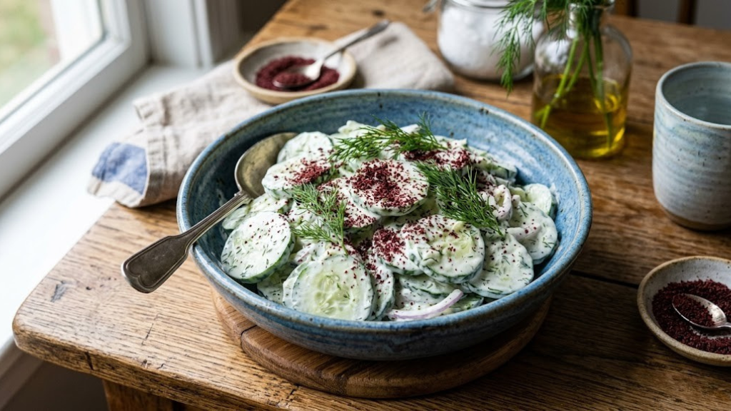Creamy cucumber dill yogurt salad in a blue ceramic bowl topped with sumac and fresh dill sprigs