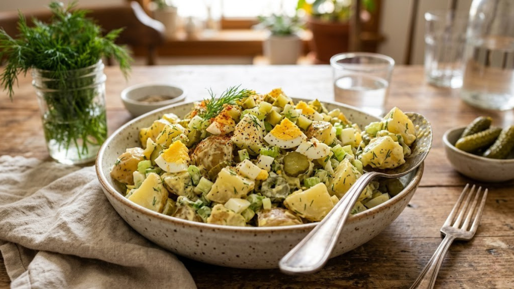 Creamy potato salad with Yukon Gold potatoes, hard-boiled eggs, celery, dill pickles, fresh dill, and creamy mustard dressing