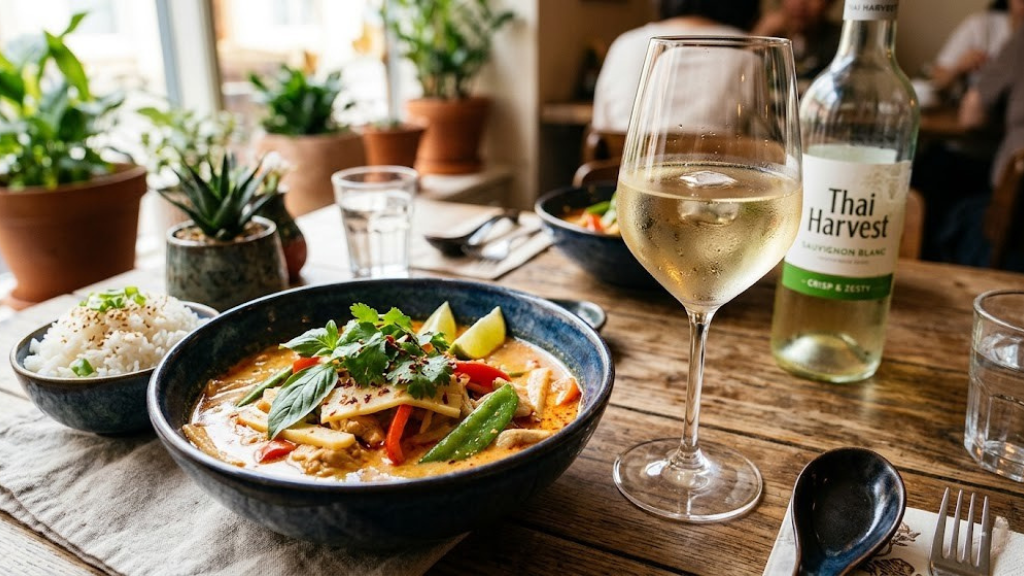 Delicious spicy Thai curry paired with a glass of chilled white wine