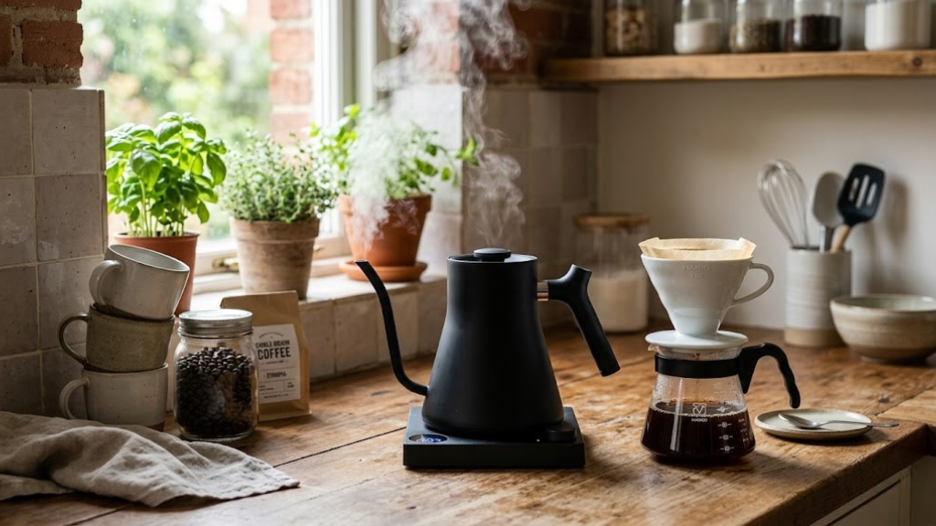 Electric kettle steaming on a kitchen counter beside a pour-over coffee setup