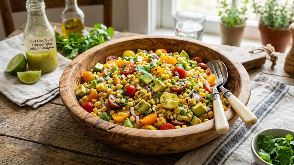 Fresh corn tomato and avocado salad with lime vinaigrette, cilantro, and red onion in a wooden serving bowl