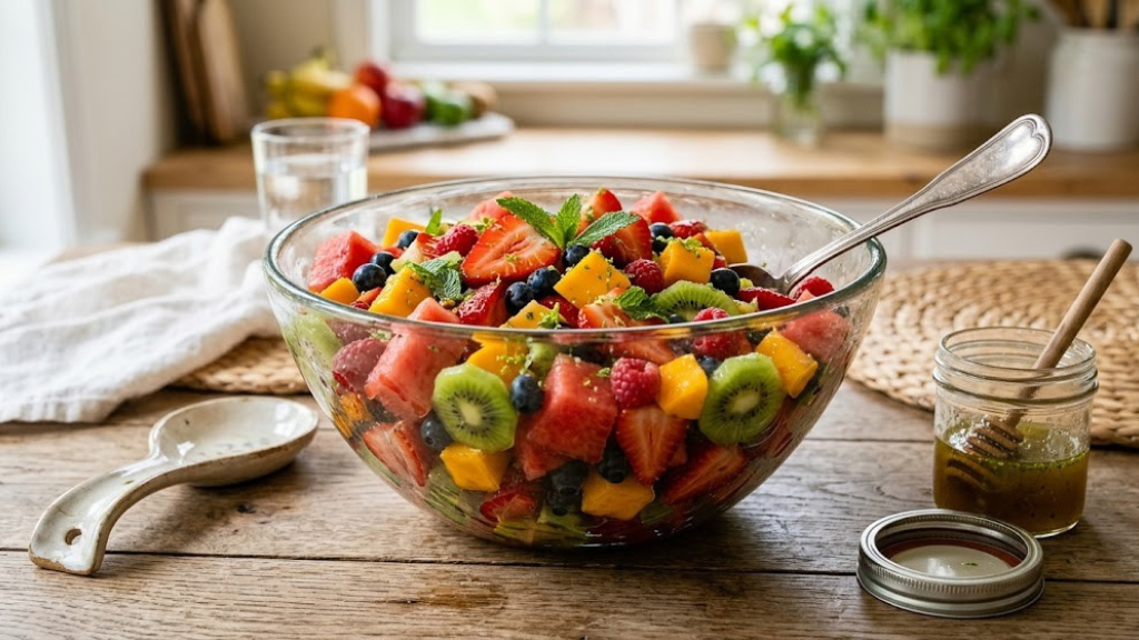 Fresh fruit salad with watermelon, strawberries, blueberries, mango, kiwi, raspberries, and honey-lime-mint dressing in a large glass bowl
