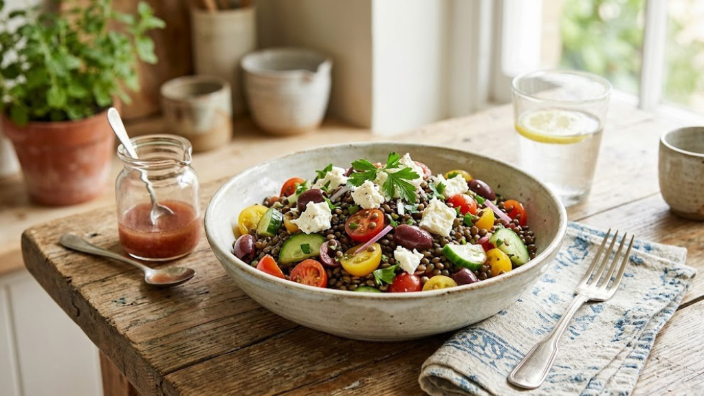Greek lentil salad with French green lentils, cherry tomatoes, cucumber, Kalamata olives, crumbled feta, and red wine vinaigrette