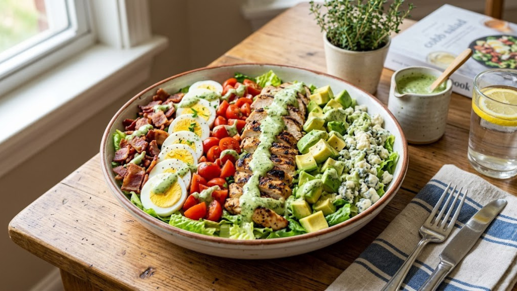 Grilled chicken avocado Cobb salad with rows of bacon, hard-boiled eggs, tomatoes, blue cheese, and green goddess dressing