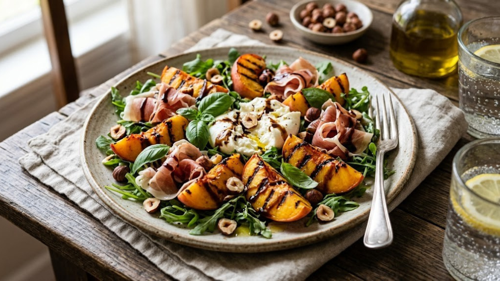 Grilled peach and prosciutto salad with arugula, torn burrata, toasted hazelnuts, basil, and balsamic reduction drizzle