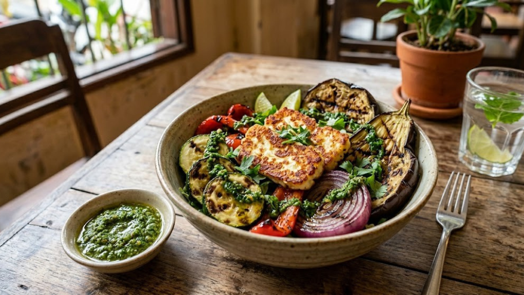 Grilled vegetable salad with charred zucchini, eggplant, red peppers, red onion, golden halloumi cheese, and chermoula dressing