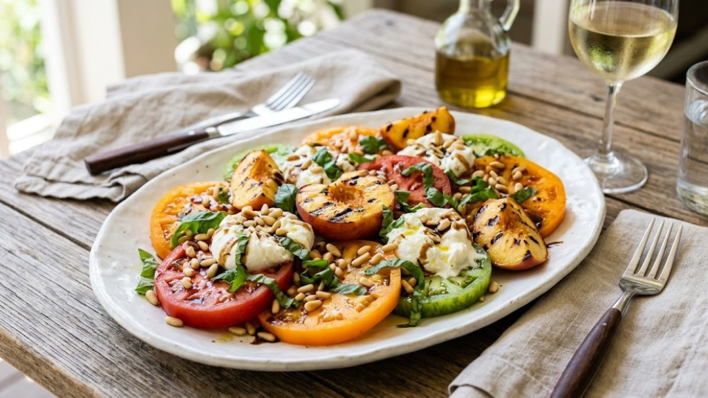 Heirloom tomato and burrata caprese salad with grilled peaches, fresh basil, pine nuts, and balsamic drizzle arranged on a white platter