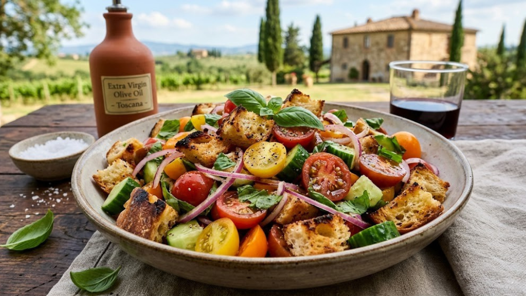 Italian panzanella Tuscan bread salad with toasted ciabatta cubes, ripe tomatoes, cucumbers, red onion, basil, and red wine vinaigrette