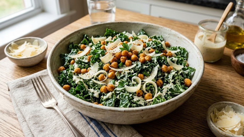 Kale Caesar salad with crispy roasted chickpea croutons, shaved parmesan, and creamy Caesar dressing in a large bowl