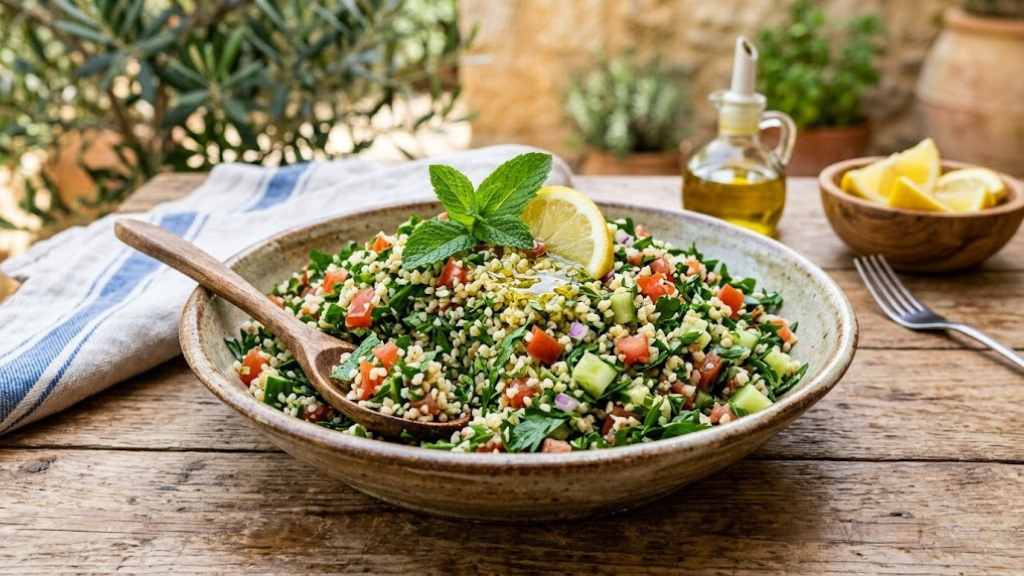 Lebanese tabbouleh with fine bulgur wheat, abundant chopped parsley, mint, diced tomatoes, cucumbers, lemon juice, and olive oil