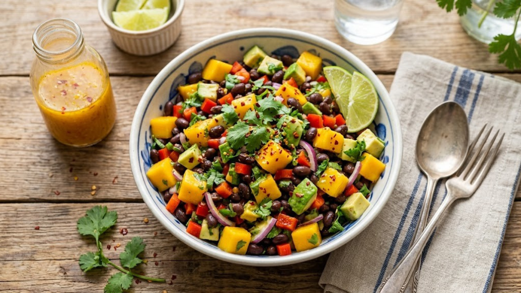 Mango and black bean salad with diced mango, black beans, red bell pepper, avocado, cilantro, and chili-lime dressing