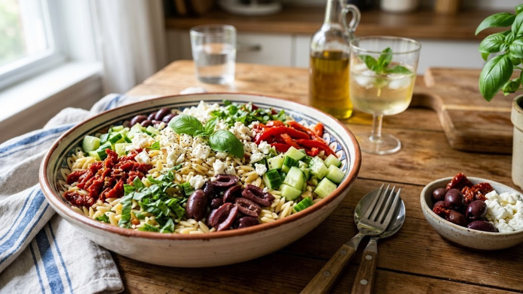 Mediterranean orzo pasta salad with sun-dried tomatoes, Kalamata olives, feta, cucumbers, roasted red peppers, and fresh basil