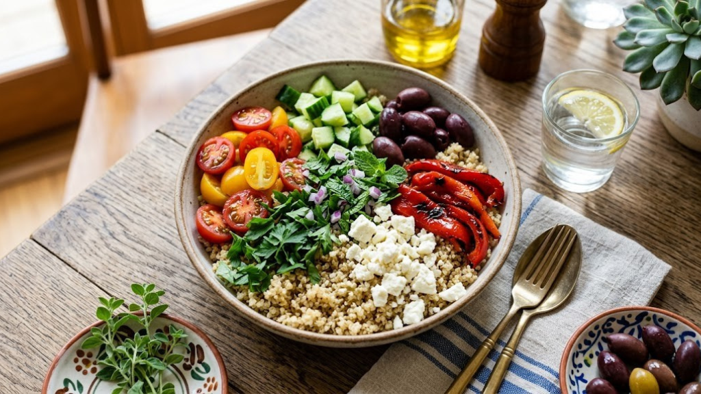 Mediterranean quinoa power bowl with cherry tomatoes, cucumbers, Kalamata olives, feta cheese, roasted red peppers, and fresh herbs