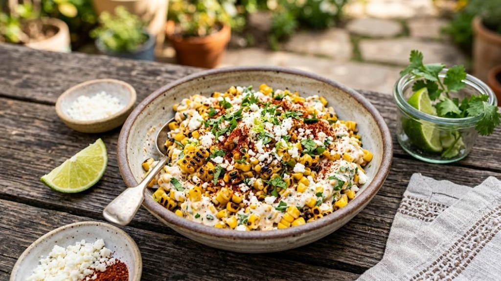 Mexican street corn salad esquites with charred corn, mayo, cotija cheese, chili powder, lime, and fresh cilantro in a bowl