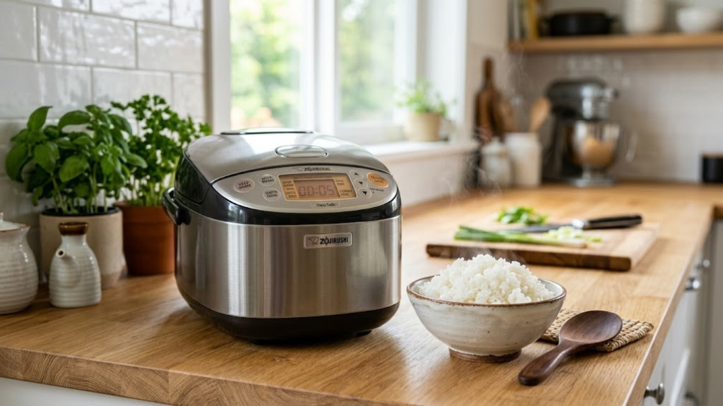 Modern rice cooker on a kitchen counter with a bowl of freshly cooked white rice