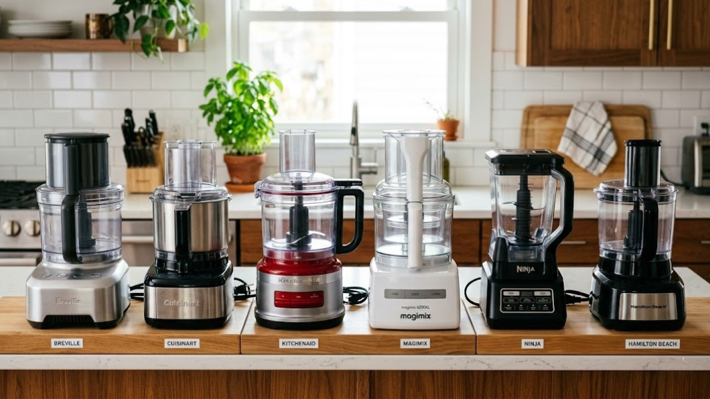 Multiple food processors lined up on a kitchen counter for comparison