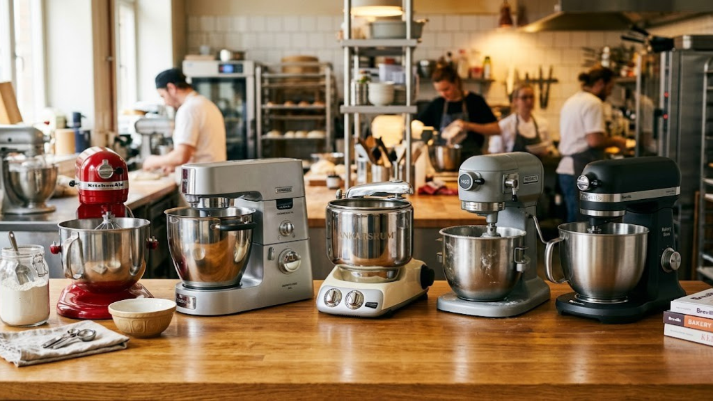 Professional stand mixers lined up on kitchen counter