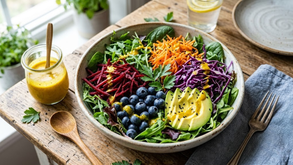 Rainbow detox salad with mixed greens, shredded beets, purple cabbage, grated carrots, blueberries, avocado, and turmeric-ginger dressing