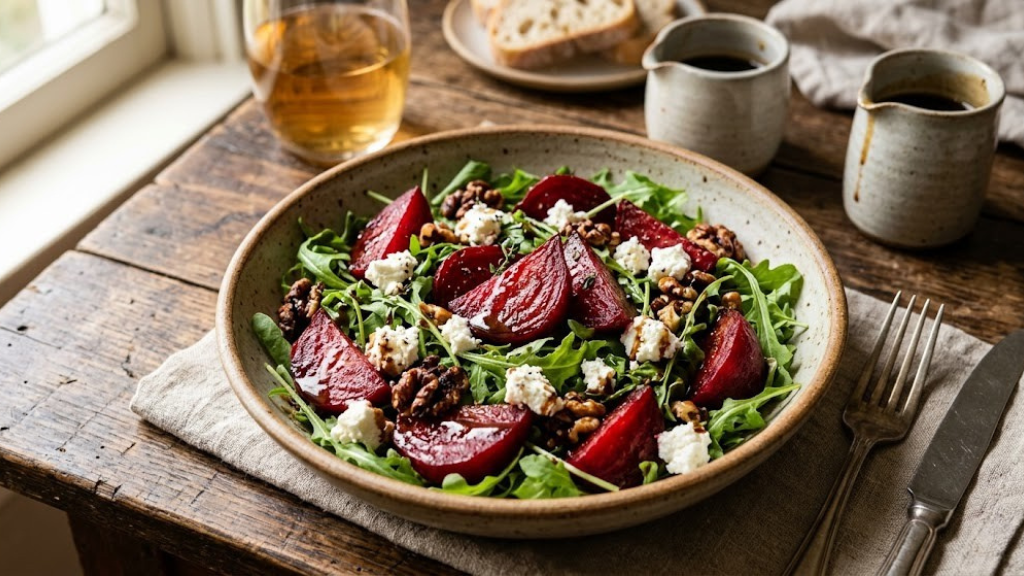 Roasted beet and goat cheese salad with ruby-red beet wedges, creamy goat cheese crumbles, toasted walnuts, arugula, and balsamic vinaigrette