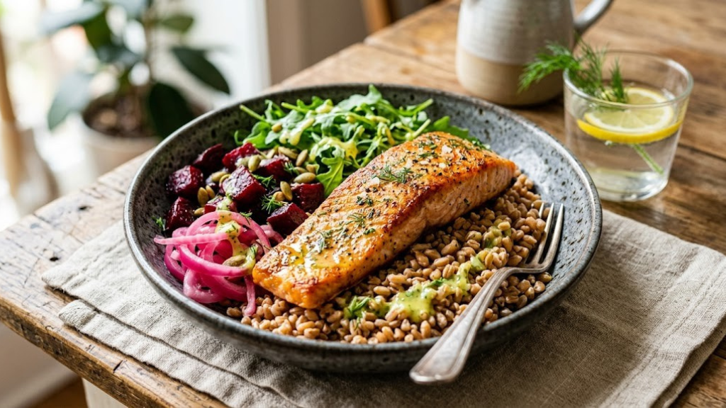Salmon and grain bowl with pan-seared salmon fillet over warm farro, roasted beets, pickled red onions, arugula, and lemon-herb dressing