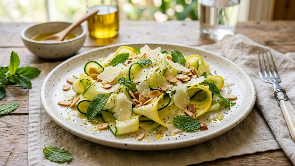 Shaved zucchini ribbon salad with lemon dressing, shaved parmesan, toasted almonds, and fresh mint on a plate