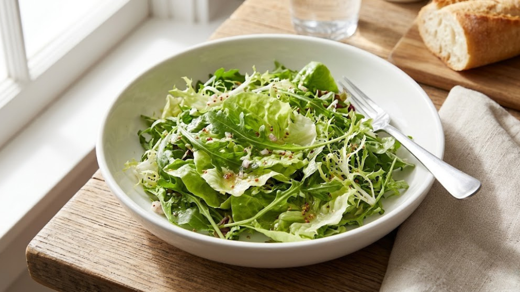 Simple French green salad with mixed greens lightly dressed in shallot vinaigrette with Dijon mustard in a shallow white bowl