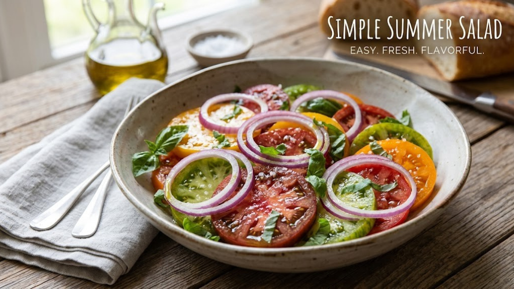 Simple tomato and red onion salad with thick heirloom tomato slices, red onion rings, torn basil, olive oil, and flaky sea salt