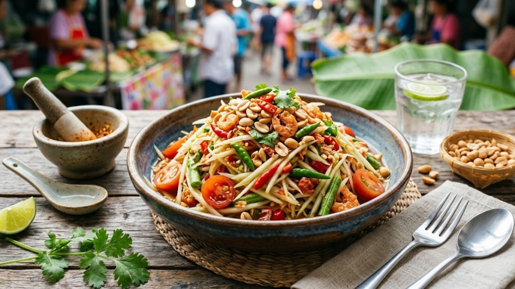Spicy Thai green papaya salad som tum with shredded papaya, tomatoes, green beans, peanuts, dried shrimp, and chili lime dressing