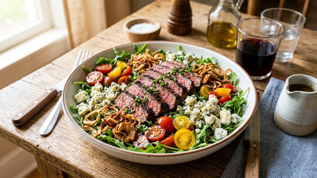 Steak and blue cheese salad with sliced seared flank steak, crumbled blue cheese, cherry tomatoes, crispy shallots, and red wine vinaigrette on arugula