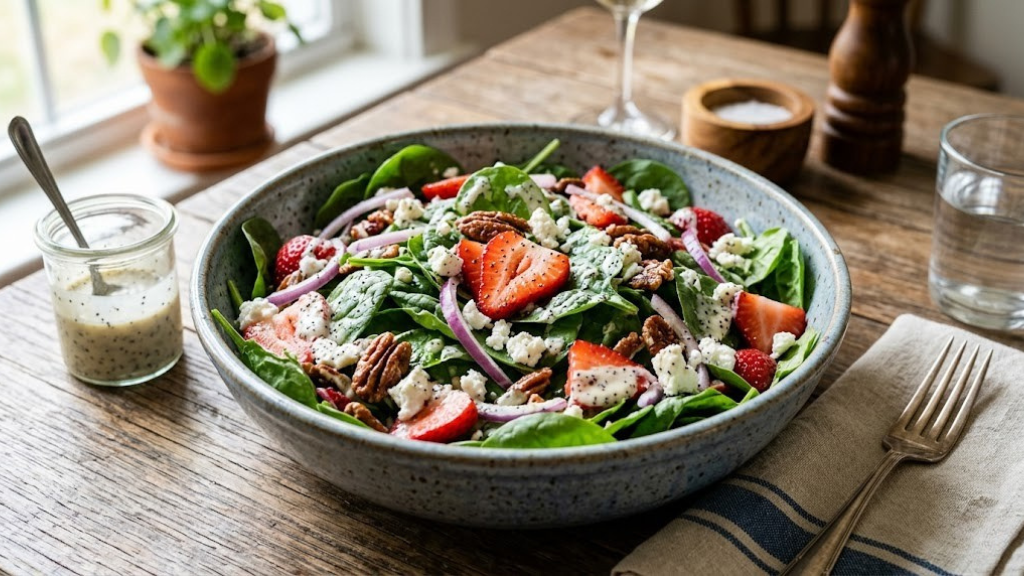 Strawberry spinach salad with sliced strawberries, baby spinach, crumbled goat cheese, candied pecans, red onion, and poppy seed dressing