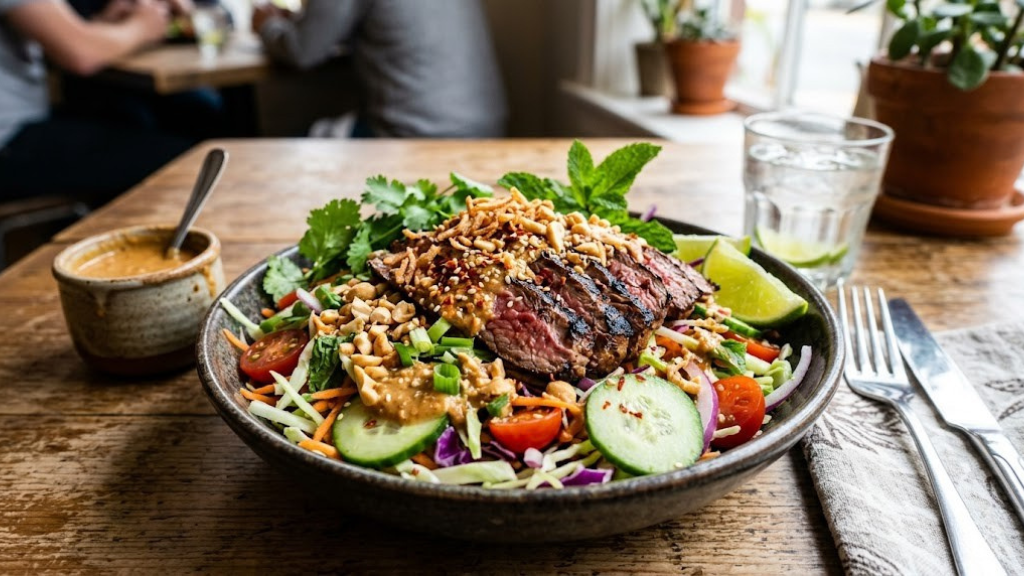 Thai steak salad with thinly sliced grilled beef, shredded cabbage, carrots, cucumbers, fresh herbs, crushed peanuts, and peanut dressing