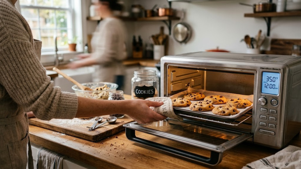 Toaster oven baking fresh cookies