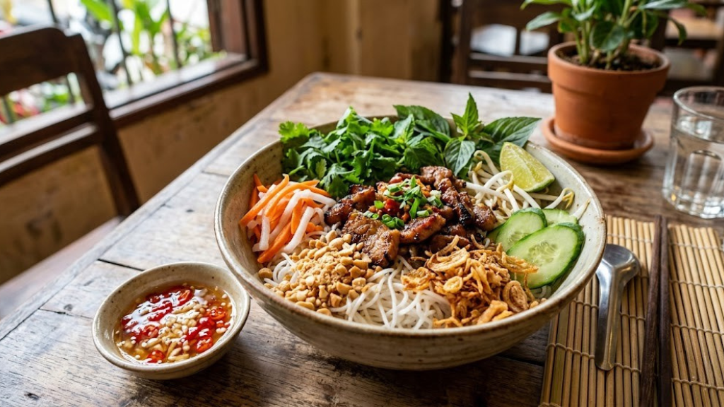 Vietnamese vermicelli noodle bowl bun with rice noodles, fresh herbs, pickled carrots, cucumber, crushed peanuts, crispy shallots, and nuoc cham dressing