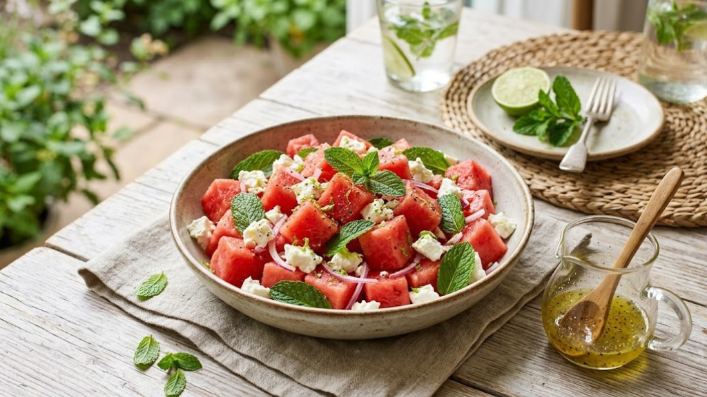 Watermelon feta and mint salad with cubed red watermelon, crumbled white feta, fresh mint leaves, and lime drizzle