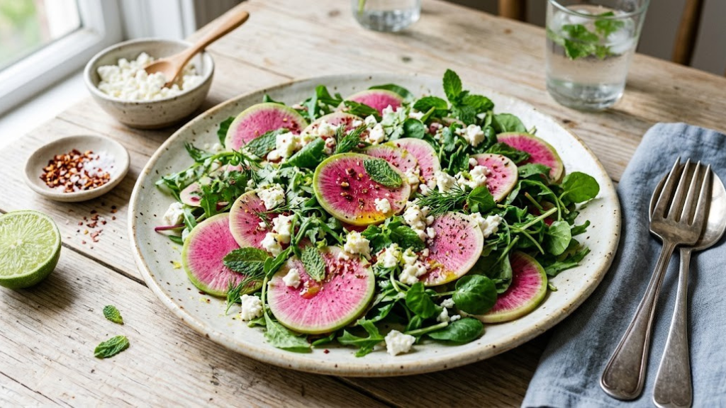 Watermelon radish and herb salad with crumbled feta cheese, fresh mint, lime, and chili flakes on a serving platter