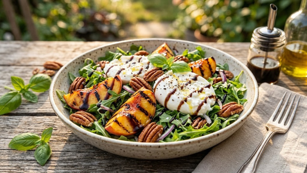 Close-up of a summer salad bowl with grilled peaches, burrata cheese, arugula, toasted pecans, and balsamic drizzle