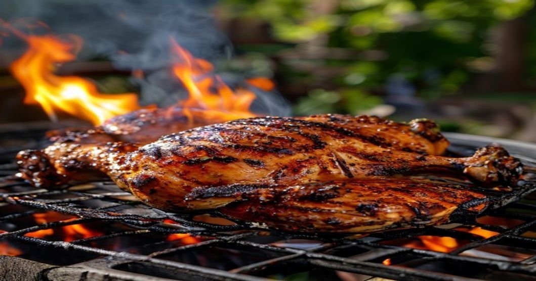 Juicy beer can grilled whole chicken on the grill