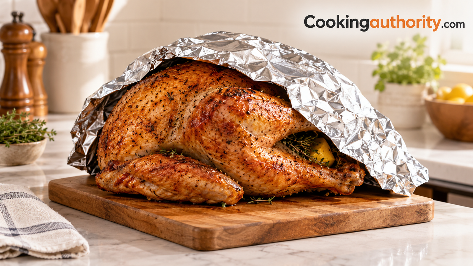 Cook tenting a roasted turkey loosely with foil while it rests on the counter