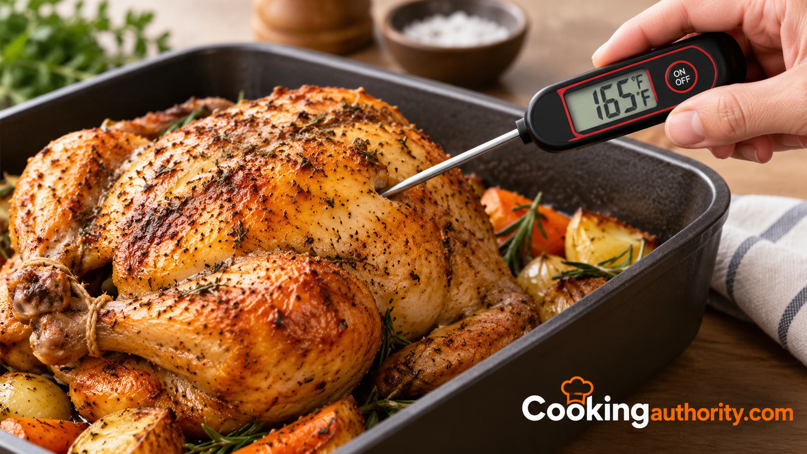 Cooked roast chicken being checked with a digital thermometer to confirm a safe internal temperature