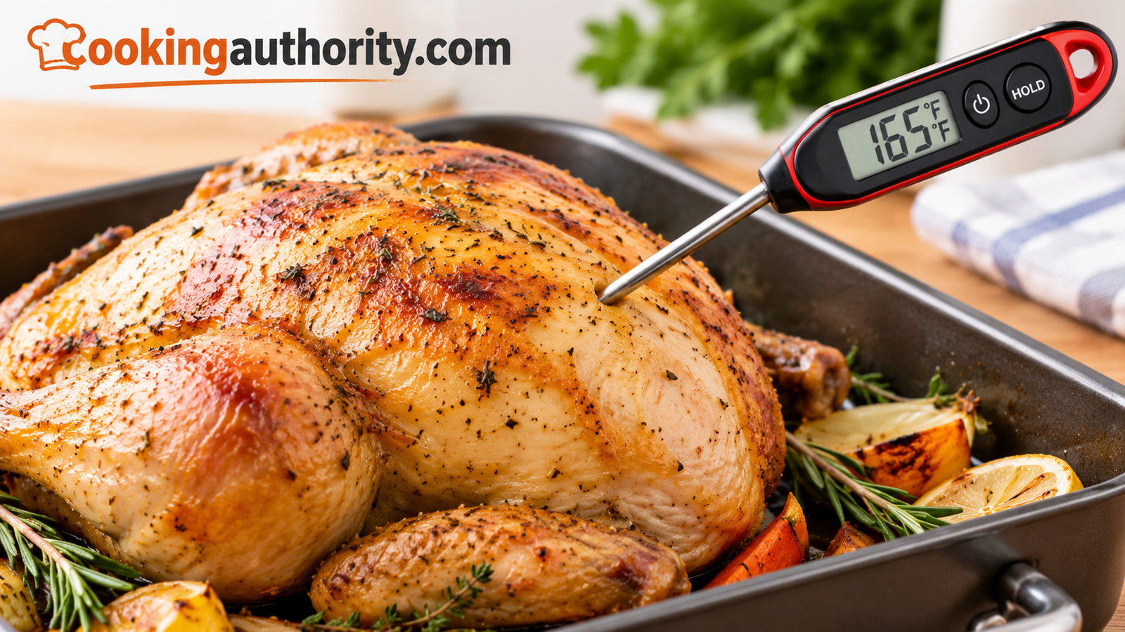 Digital instant-read thermometer inserted into the thickest part of a chicken breast