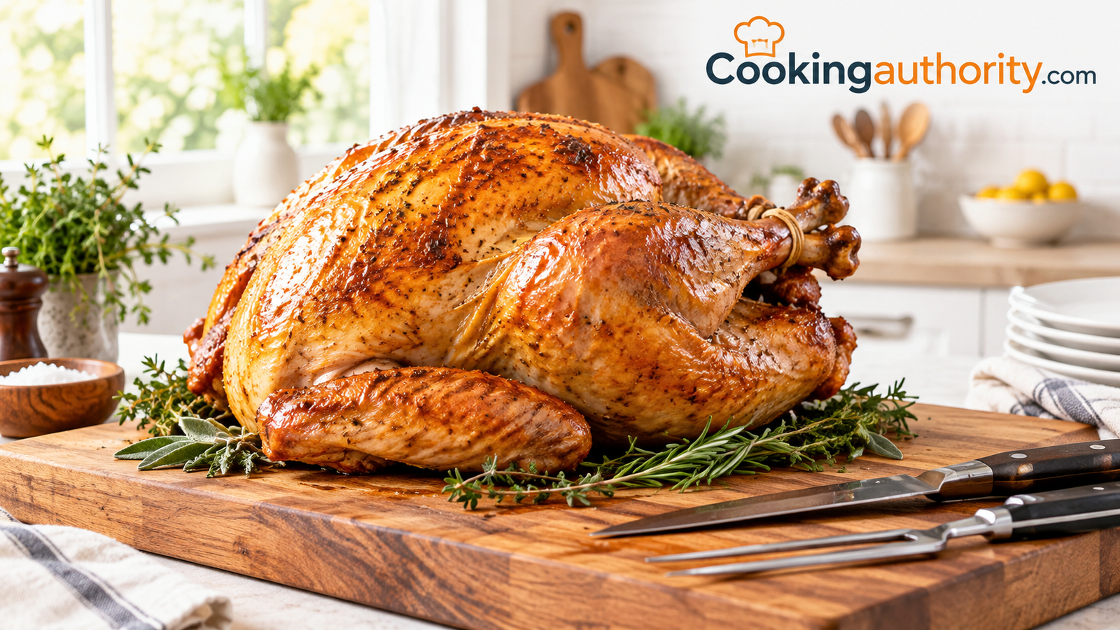 Golden brown roast turkey resting on a carving board in a bright kitchen