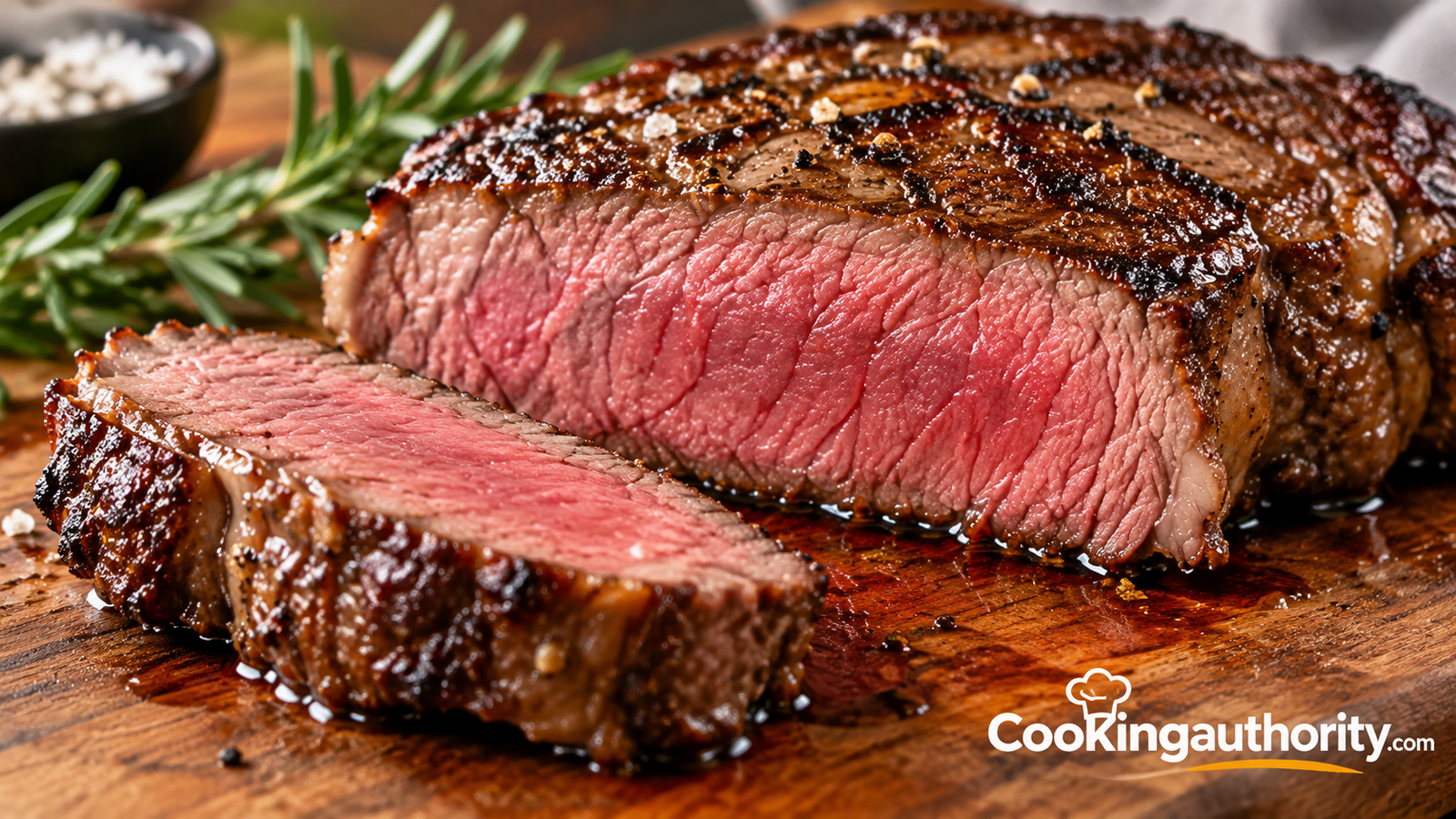 Cross-section of a medium-rare ribeye showing an even pink interior and glistening juices