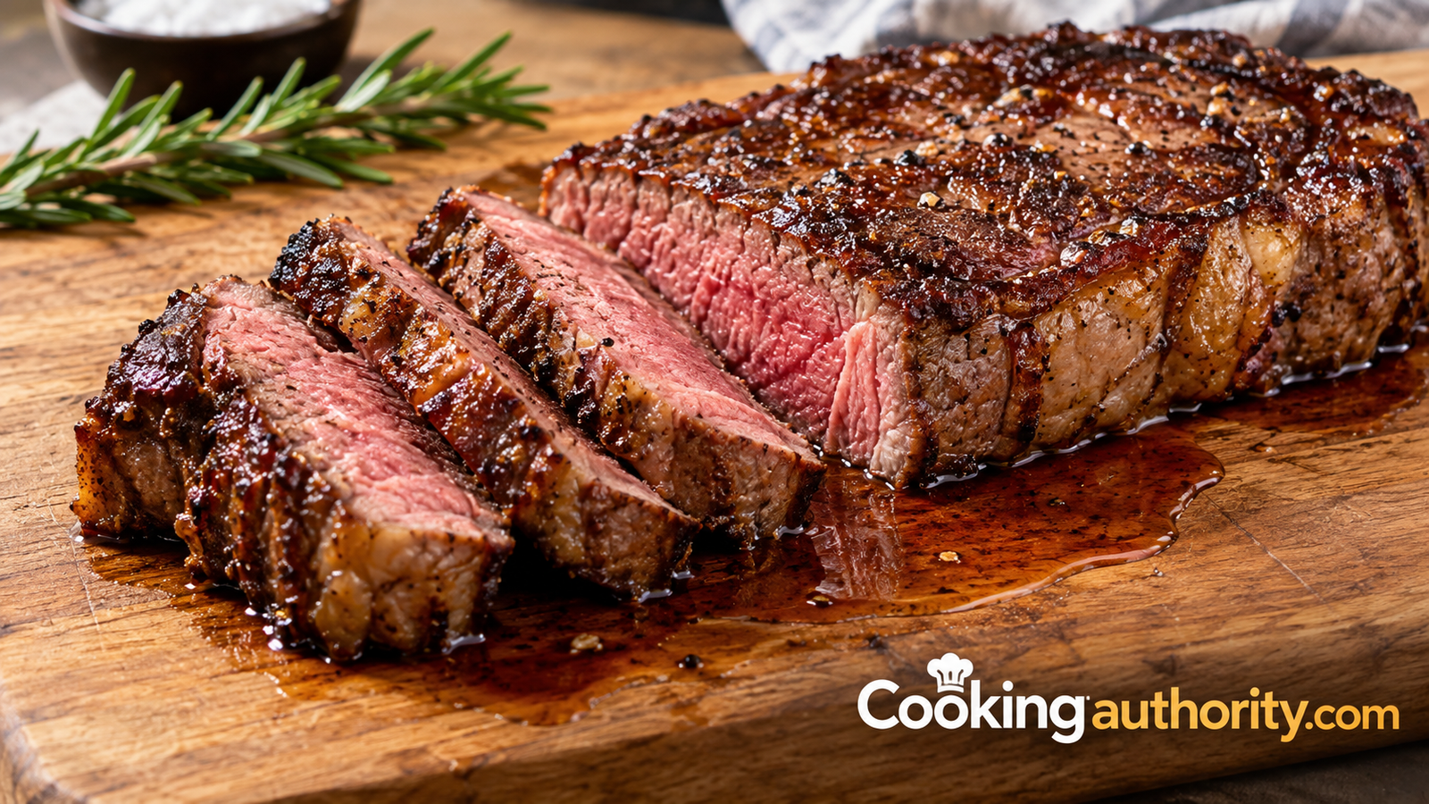 Thick sliced steak resting on a wooden cutting board with juices pooling beside it
