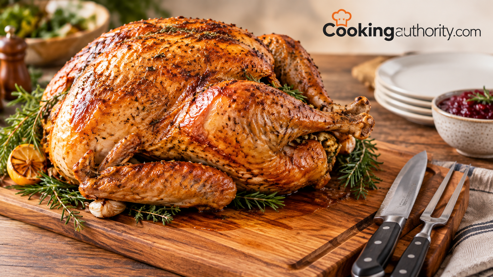 Roasted golden-brown turkey resting on a carving board before being sliced